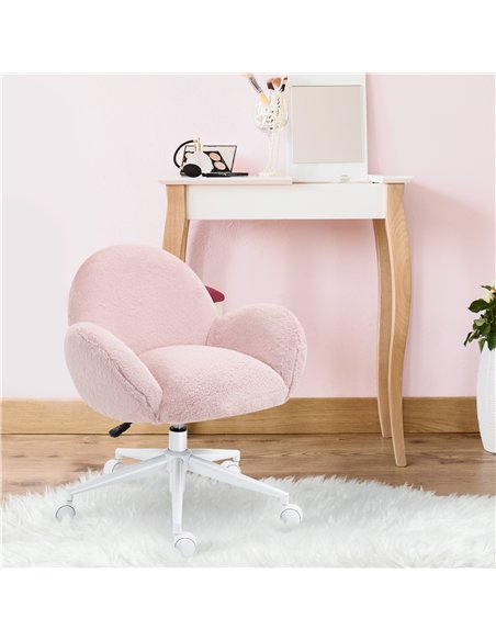HOMCOM Makeup Vanity Chair, Cute Fluffy Desk Chair with Rolling Wheels for Bedroom Living Room, Pink