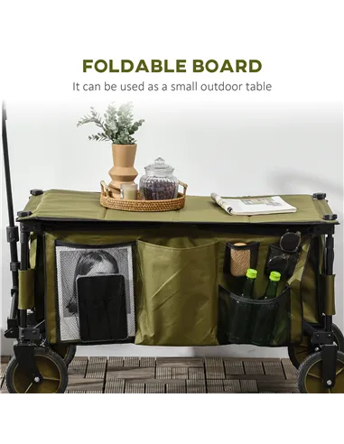 Outsunny Folding Garden Trolley, Cargo Trailer on Wheels, Collapsible Camping Trolley with Folding Board, Outdoor Utility Wagon 
