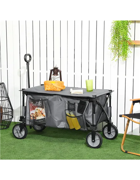 Outsunny Garden Trolley, Cargo Traile on Wheels, Folding Collapsible Camping Trolley, Outdoor Utility Wagon, Dark Grey