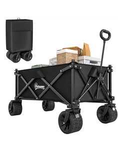 Outsunny Folding Garden Trolley, Outdoor Wagon Cart with Carry Bag, for Beach, Camping, Festival, 120KG Capacity, Black