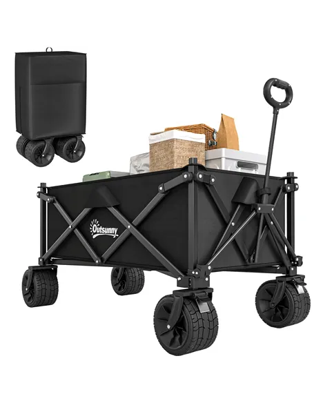 Outsunny Folding Garden Trolley, Outdoor Wagon Cart with Carry Bag, for Beach, Camping, Festival, 120KG Capacity, Black