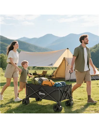 Outsunny Folding Garden Trolley, Outdoor Wagon Cart with Carry Bag, for Beach, Camping, Festival, 120KG Capacity, Black