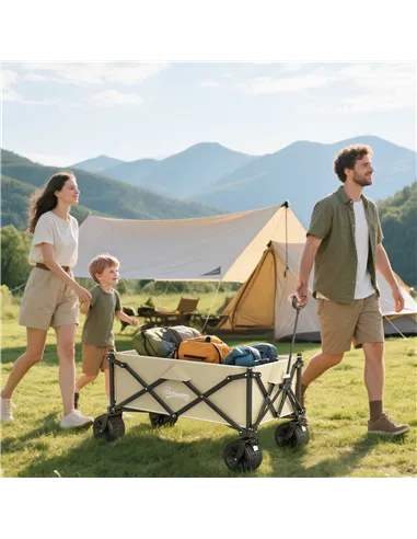Outsunny Folding Garden Trolley, Outdoor Wagon Cart with Carry Bag, for Beach, Camping, Festival, 120KG Capacity, Khaki