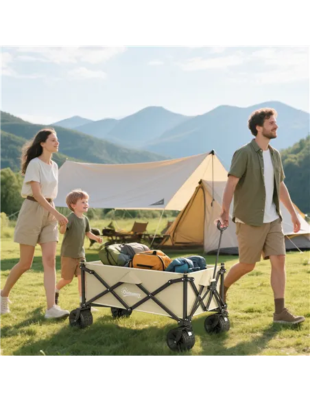 Outsunny Folding Garden Trolley, Outdoor Wagon Cart with Carry Bag, for Beach, Camping, Festival, 120KG Capacity, Khaki