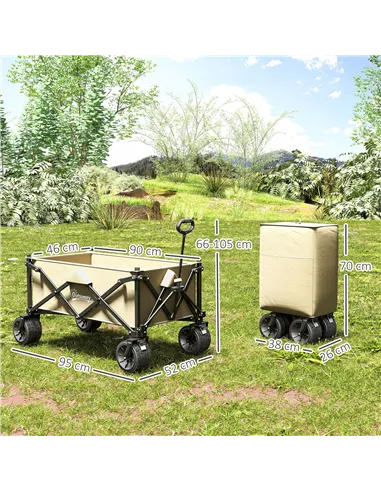 Outsunny Folding Garden Trolley, Outdoor Wagon Cart with Carry Bag, for Beach, Camping, Festival, 120KG Capacity, Khaki