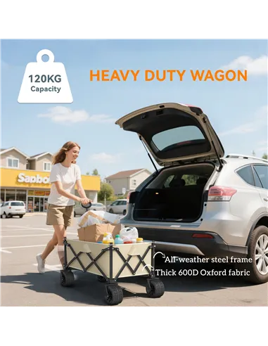 Outsunny Folding Garden Trolley, Outdoor Wagon Cart with Carry Bag, for Beach, Camping, Festival, 120KG Capacity, Khaki