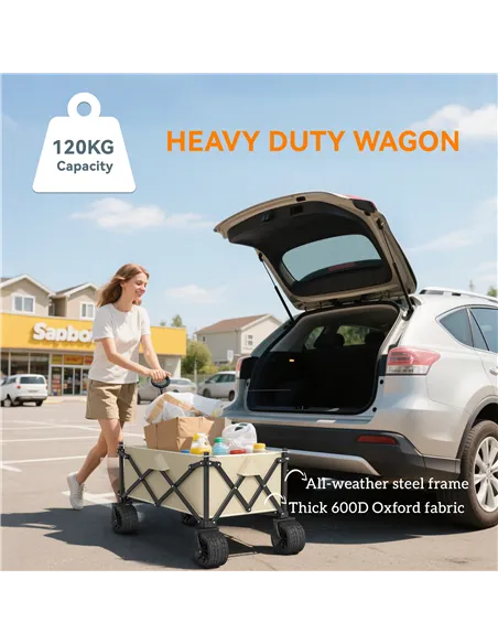 Outsunny Folding Garden Trolley, Outdoor Wagon Cart with Carry Bag, for Beach, Camping, Festival, 120KG Capacity, Khaki