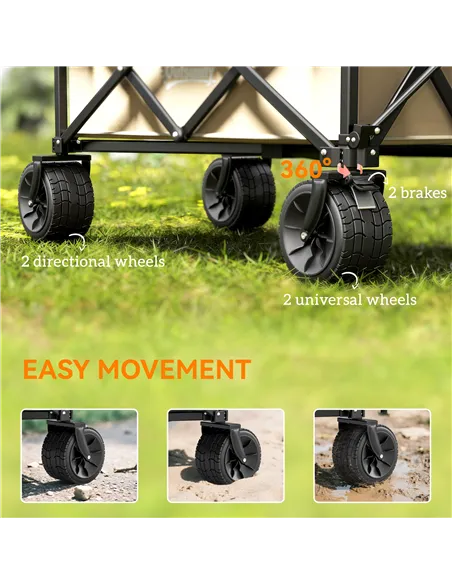 Outsunny Folding Garden Trolley, Outdoor Wagon Cart with Carry Bag, for Beach, Camping, Festival, 120KG Capacity, Khaki