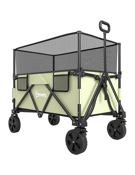 Outsunny Folding Garden Trolley, 180L Wagon Cart with Extendable Side Walls, for Beach, Camping, Festival, Green