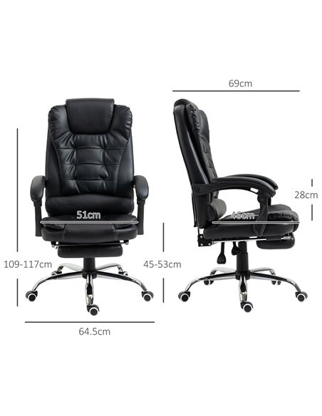 HOMCOM Executive Office Chair, PU Leather Home Office Chair with Swivel Wheels, Reclining Backrest, Retractable Footrest, Black
