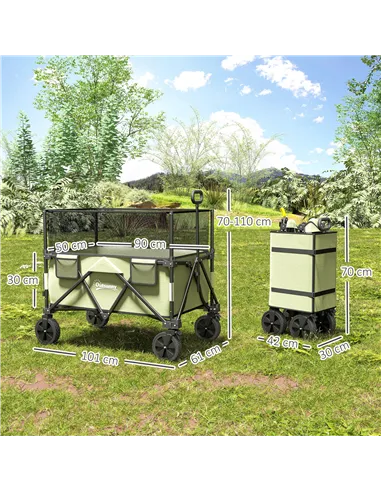 Outsunny Folding Garden Trolley, 180L Wagon Cart with Extendable Side Walls, for Beach, Camping, Festival, Green