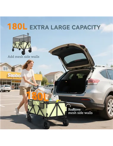 Outsunny Folding Garden Trolley, 180L Wagon Cart with Extendable Side Walls, for Beach, Camping, Festival, Green