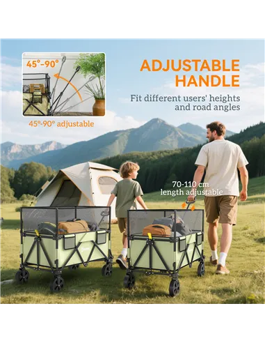 Outsunny Folding Garden Trolley, 180L Wagon Cart with Extendable Side Walls, for Beach, Camping, Festival, Green