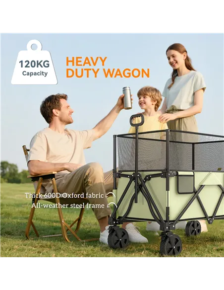 Outsunny Folding Garden Trolley, 180L Wagon Cart with Extendable Side Walls, for Beach, Camping, Festival, Green