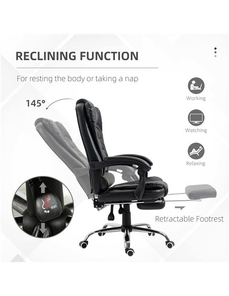 HOMCOM Executive Office Chair, PU Leather Home Office Chair with Swivel Wheels, Reclining Backrest, Retractable Footrest, Black