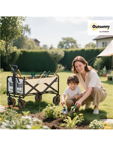 Outsunny Folding Pull Along Cart Cargo Wagon Trolley with Telescopic Handle - Dark Grey