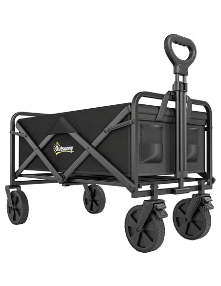 Outsunny Folding Steel Frame Garden Storage Cart, with Wheels and Handle - Black