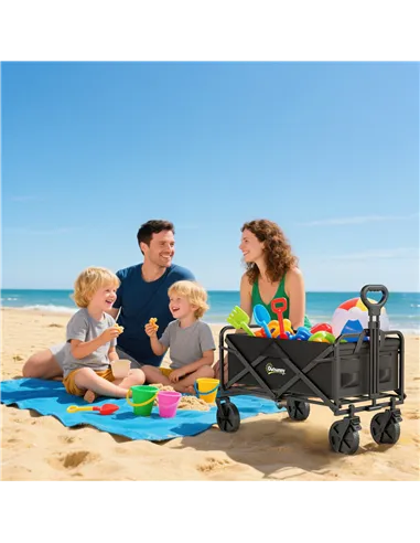 Outsunny Folding Steel Frame Garden Storage Cart, with Wheels and Handle - Black