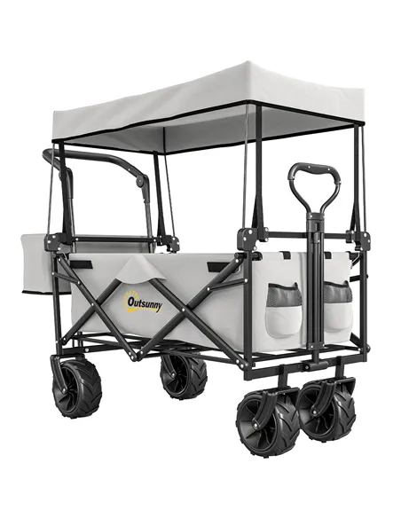 Outsunny Folding Trolley Cart Storage Wagon Beach Trailer 4 Wheels with Handle Overhead Canopy Cart Push Pull for Camping, Grey