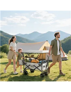 Outsunny Folding Trolley Cart Storage Wagon Beach Trailer 4 Wheels with Handle Overhead Canopy Cart Push Pull for Camping, Grey 2