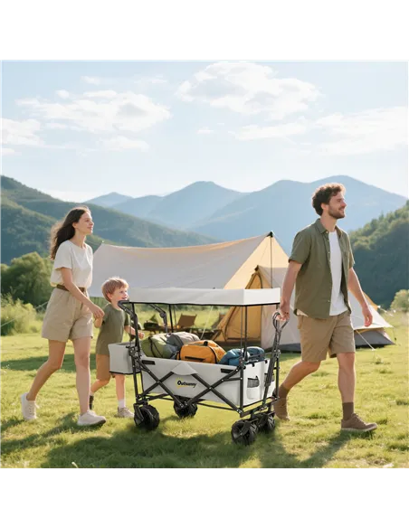 Outsunny Folding Trolley Cart Storage Wagon Beach Trailer 4 Wheels with Handle Overhead Canopy Cart Push Pull for Camping, Grey