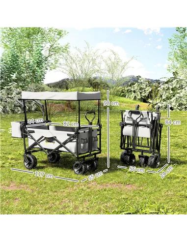 Outsunny Folding Trolley Cart Storage Wagon Beach Trailer 4 Wheels with Handle Overhead Canopy Cart Push Pull for Camping, Grey