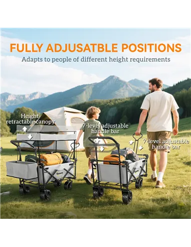 Outsunny Folding Trolley Cart Storage Wagon Beach Trailer 4 Wheels with Handle Overhead Canopy Cart Push Pull for Camping, Grey