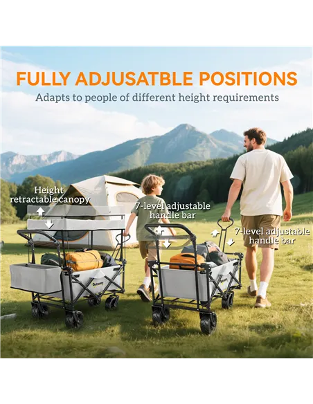 Outsunny Folding Trolley Cart Storage Wagon Beach Trailer 4 Wheels with Handle Overhead Canopy Cart Push Pull for Camping, Grey