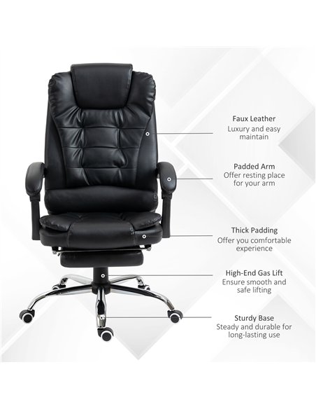 HOMCOM Executive Office Chair, PU Leather Home Office Chair with Swivel Wheels, Reclining Backrest, Retractable Footrest, Black