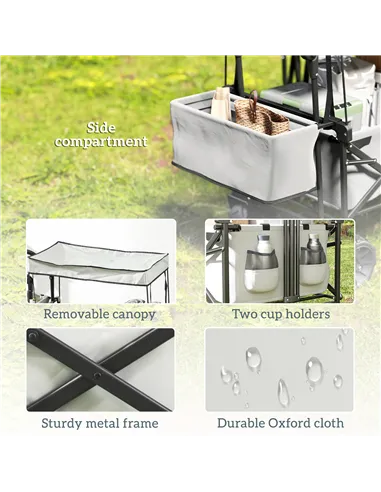 Outsunny Folding Trolley Cart Storage Wagon Beach Trailer 4 Wheels with Handle Overhead Canopy Cart Push Pull for Camping, Grey