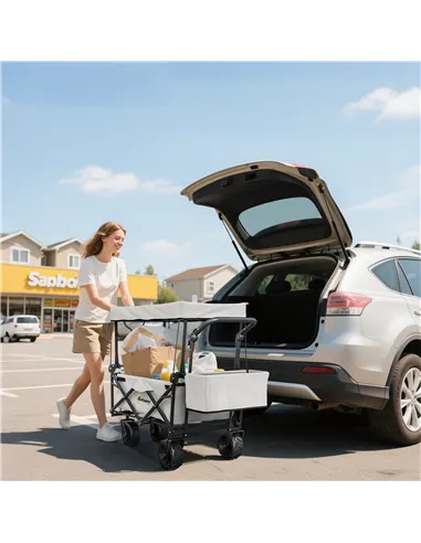Outsunny Folding Trolley Cart Storage Wagon Beach Trailer 4 Wheels with Handle Overhead Canopy Cart Push Pull for Camping, Grey
