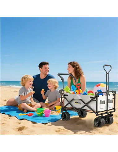 Outsunny Folding Trolley Cart Storage Wagon Beach Trailer 4 Wheels with Handle Overhead Canopy Cart Push Pull for Camping, Grey