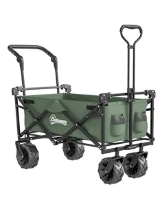 Outsunny Folding Trolley Cart Storage Wagon Beach Trailer 4 Wheels with Handle Overhead Canopy Cart Push Pull for Camping, Green