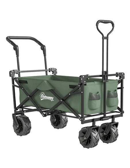 Outsunny Folding Trolley Cart Storage Wagon Beach Trailer 4 Wheels with Handle Overhead Canopy Cart Push Pull for Camping, Green