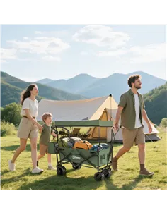 Outsunny Folding Trolley Cart Storage Wagon Beach Trailer 4 Wheels with Handle Overhead Canopy Cart Push Pull for Camping, Green 2