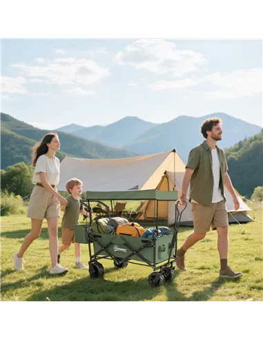 Outsunny Folding Trolley Cart Storage Wagon Beach Trailer 4 Wheels with Handle Overhead Canopy Cart Push Pull for Camping, Green