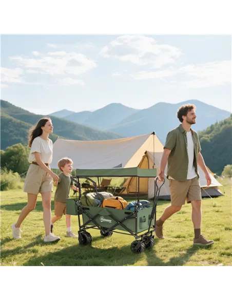 Outsunny Folding Trolley Cart Storage Wagon Beach Trailer 4 Wheels with Handle Overhead Canopy Cart Push Pull for Camping, Green
