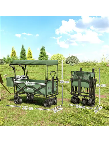 Outsunny Folding Trolley Cart Storage Wagon Beach Trailer 4 Wheels with Handle Overhead Canopy Cart Push Pull for Camping, Green
