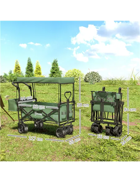 Outsunny Folding Trolley Cart Storage Wagon Beach Trailer 4 Wheels with Handle Overhead Canopy Cart Push Pull for Camping, Green