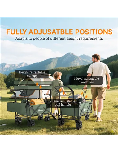 Outsunny Folding Trolley Cart Storage Wagon Beach Trailer 4 Wheels with Handle Overhead Canopy Cart Push Pull for Camping, Green