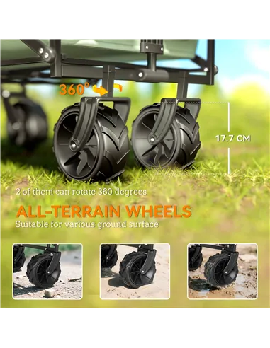 Outsunny Folding Trolley Cart Storage Wagon Beach Trailer 4 Wheels with Handle Overhead Canopy Cart Push Pull for Camping, Green