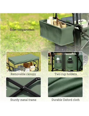 Outsunny Folding Trolley Cart Storage Wagon Beach Trailer 4 Wheels with Handle Overhead Canopy Cart Push Pull for Camping, Green
