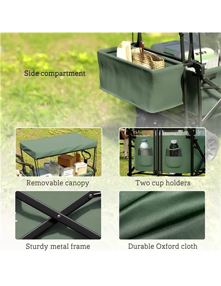 Outsunny Folding Trolley Cart Storage Wagon Beach Trailer 4 Wheels with Handle Overhead Canopy Cart Push Pull for Camping, Green