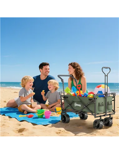 Outsunny Folding Trolley Cart Storage Wagon Beach Trailer 4 Wheels with Handle Overhead Canopy Cart Push Pull for Camping, Green
