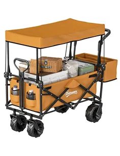 Outsunny 120L Festival Trolley on Wheels, Folding Camping Trolley Cart with Removable Canopy, All-Terrain Wheels, Adjustable Han