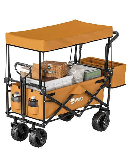 Outsunny 120L Festival Trolley on Wheels, Folding Camping Trolley Cart with Removable Canopy, All-Terrain Wheels, Adjustable Han