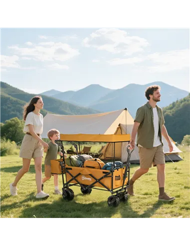 Outsunny 120L Festival Trolley on Wheels, Folding Camping Trolley Cart with Removable Canopy, All-Terrain Wheels, Adjustable Han