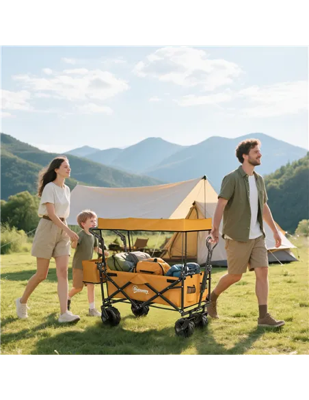 Outsunny 120L Festival Trolley on Wheels, Folding Camping Trolley Cart with Removable Canopy, All-Terrain Wheels, Adjustable Han