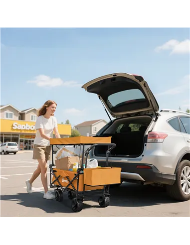 Outsunny 120L Festival Trolley on Wheels, Folding Camping Trolley Cart with Removable Canopy, All-Terrain Wheels, Adjustable Han