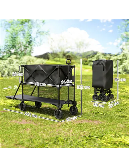 Outsunny Double Decker Folding Festival Trolley on Wheels, 200KG & 350L Capacity Collapsible Wagon Festival Trolley Cart with 13